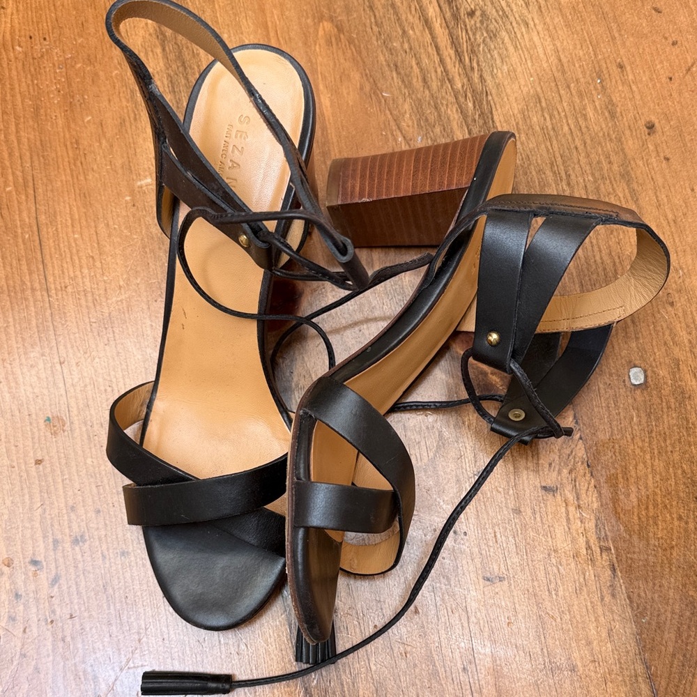 Sezane Black Leather Wrap-Ankle Block Heel Sandals